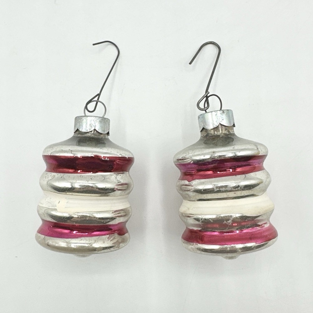 2 Vintage Christmas Ornaments Lantern Silver Pink White Striped Made In The USA
